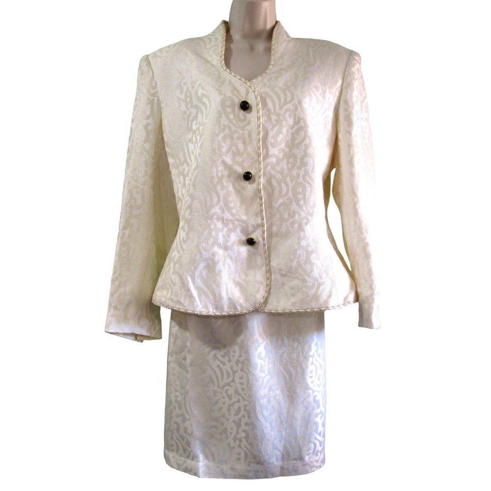 Nolan Miller Ivory White Brocade Skirt Suit Set Vintage 80s Sz 16 Hong Kong GUC